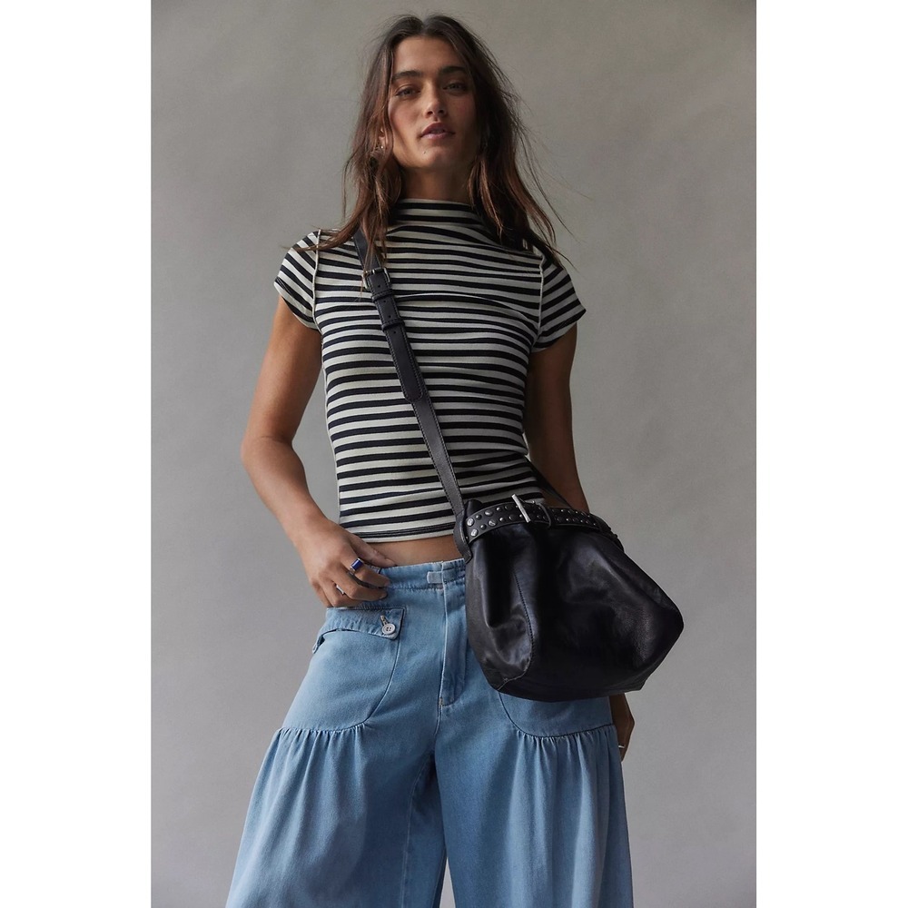 NWT!! FREE PEOPLE Black Leather Embellished Belt Bucket Bag Studded Studs Solid